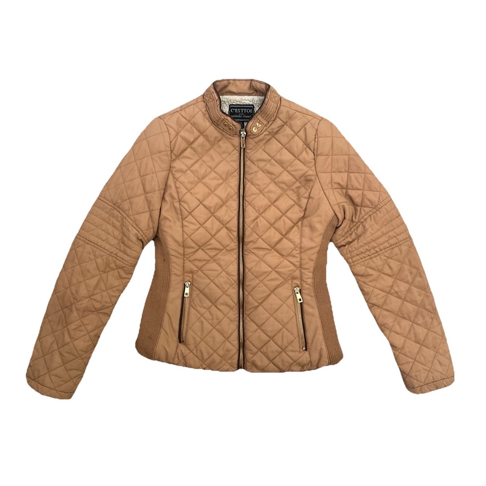 C'Esttoi Womens Camel Quilted Sherpa Lined Moto Jacket Zip‎ Pockets Size S